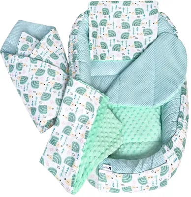 Produktbild von Babynestchen 5tlg Babynest Babydecke Steckkissen Kuschelnest Einschlagdecke Baumwolle 100x60x15 Igel mit Mint Minky