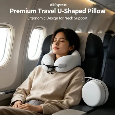 Produktbild von STUNQ® U-förmiges Memory-Foam Reise-Nackenkissen, weiches tragbares Stützkissen für Flugzeug, Büro, Zuhause und Alltag