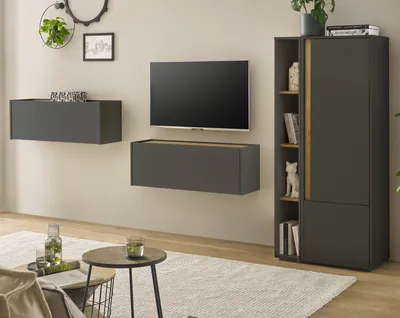 Produktbild von Wohnwand mit Sekretär in grau und Eiche, Wohnkombination Center 4-teilig 310 cm
