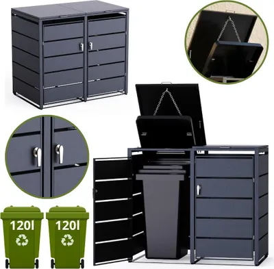 A collage of images showing a dark grey metal bin storage unit for two 120L trash cans, a close-up of the bin's doors and handles, a detail of the bin's lid mechanism, and two green 120L trash cans with recycling symbols.
