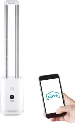 Produktbild von djive Flowmate Tower one rotorloser Ventilator mit Fernbedienung, App & Alexa, 9 Stufen inkl. leiser Schlafmodus, oszillierend, HEPA 12 Filter, weiß