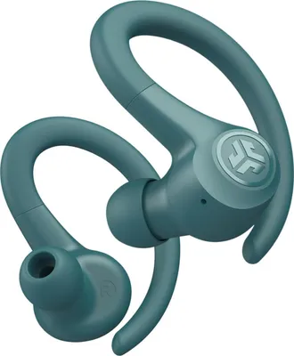 A pair of teal colored wireless earbuds with ear hooks, shown against a white background.