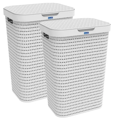 Produktbild von Rotho 2er-Set Wäschesammler 55 L Country  - Wäschekorb groß - Wäschetruhe 42,0 x 32,0 x 57,2 cm - Wäschebox mit Deckel - Wäsche Sammler aus Kunststoff
