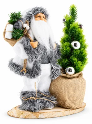 Obrázek produktu pro Benza – Santa Claus s ozářeným vánočním stromkem – 30 cm – Stříbrné ozdoby – Na dřevěné podstavě – Bílá barva s šedým kožíškem