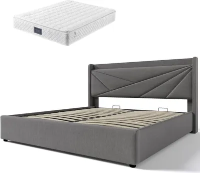 Produktbild von Polsterbett Doppelbett 160x200 cm (Mit Matratze) Stauraum Bettkasten USB Ladefunktion Kopfteil Stauraumbetten Bettgestell Leinen lattenrost Grau
