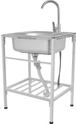 A freestanding stainless steel sink with a faucet and plumbing, shown on a white background.