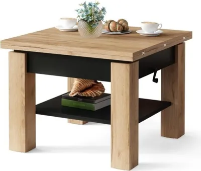 A coffee table with a wooden top and black storage compartment, decorated with a seashell and books on a lower shelf.