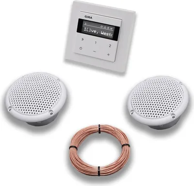 Produktbild von Gira Unterputz IP Internetradio 232003 + Bluetooth Komplett-SET E2, reinweiß glänzend + 2 x Deckenlautsprecher Einbaulautsprecher (Feuchtraum/Badezimmer) + 20 Meter Lautsprecherkabel 2x0,75 mm