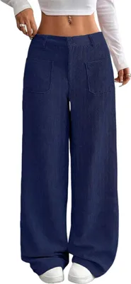 Produktbild von ASKSA Damen Cordhose High Waist Weites Bein Hosen Freizeithose Elegante Bequeme Locker Hose mit Taschen (Dunkelblau,M)