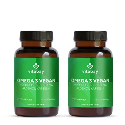 Produktbild von Vitabay Omega 3 Vegan – 120 Kapseln mit 1100 mg Algenöl – DHA 600 mg & EPA 300 mg – mit Vitamin E – ohne Zusatzstoffe
