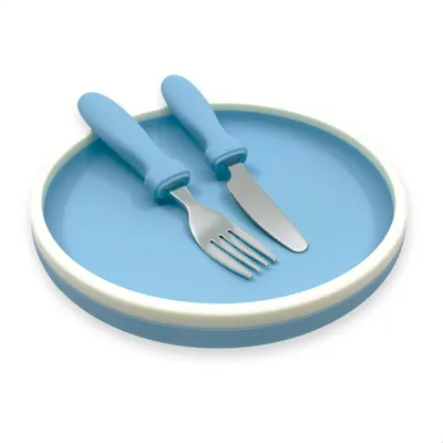 Image de Smikkels Assiette en silicone pour enfants avec couverts - bleu - vaisselle durable pour enfants