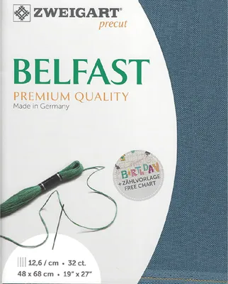 Imagen del producto de Tela para bordar BELFAST, marca Zweigart, precortada, 32 hilos, referencia 3609, color 578 (azul acero). Tela para manualidades hecha de 100% lino, ideal para bordado, con dimensiones de 48x68 cm