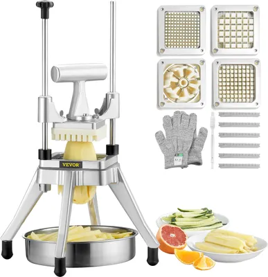 Image de Hachoir professionnel pour fruits et légumes de SucceBuy, coupe-frites en acier inoxydable à 4 lames (1/4", 3/8", 1/2") et coupe-lanières à 6 lames, coupe-légumes/coupe-cubes robuste avec plateau de récupération, idéal pour couper les pommes de terre, les tomates, les oignons et les champignons