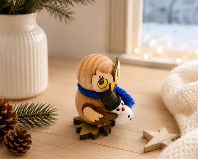 Produktbild von Kuhnert - Eulenkind mit Schneemann zum Stellen - Holzfigur ca. 4 cm