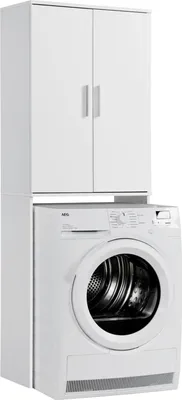 A white washing machine cabinet stacked on top of a white washing machine.