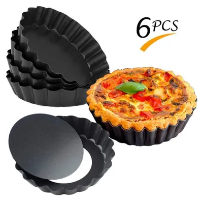 Produktbild von 6er Set Mini-Tarteform 4" Kohlenstoffstahl, abnehmbarer Boden, Antihaft,Tartelette Förmchen für Kuchen, Tarte & Pizza