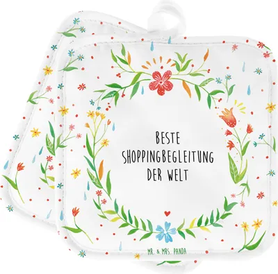 Produktbild von Mr. & Mrs. Panda 2er Set Topflappen  Shoppingbegleitung - Geschenk, Shoppingpartner, topfhalter, Kochlappen, Shopping, Freund, Partner, Topfuntersetzer