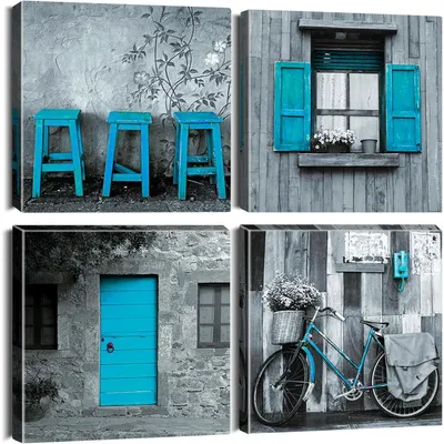 Productafbeelding van Canvasprint, 4-delig, blauw en grijs, kunstafdruk, wanddecoratie, 30 x 30 cm