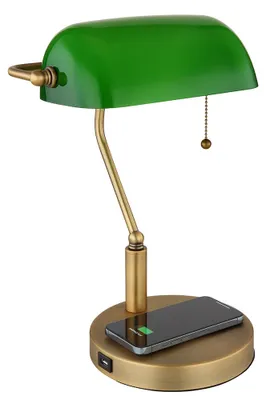 Produktbild von LED Tischleuchte, Bankerlampe, messing, Glas grün, H 36 cm