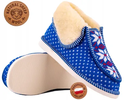 Productafbeelding van Dameshuispantoffels, wollen Norwegerpatroon, blauw, gevoerd, met de hand genaaid, maat 36