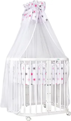 Produktbild von Mobiles Babybett aus Holz 7in1 mit Matratze, mitwachsend,Stoffe Sterne pink,Holz weiß
