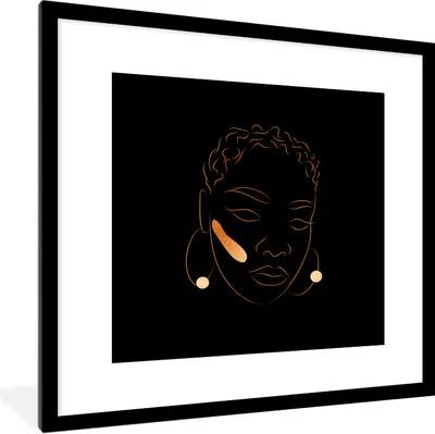 Produktbild von MuchoWow® Gerahmtes Poster Frau - Schwarz und Gold - Strichzeichnung 40x40 cm - Poster mit Schwarzem Bilderrahmen Wandposter Rahmen Foto Bilder - Poster - Plakat im Rahmen