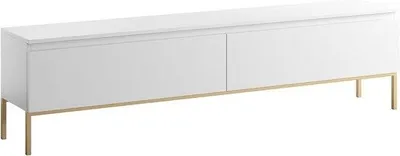 Zdjęcie produktu dla Metalowy stojak pod telewizor w kolorze złoto-czarnym – organizer do salonu – 175 cm – biały