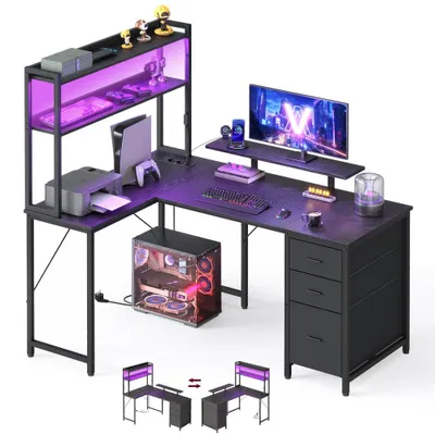Obrázek produktu pro Rohový psací stůl ve tvaru L s LED osvětlením | Černá barva | Rozměry: 140 x 100 x 150 cm