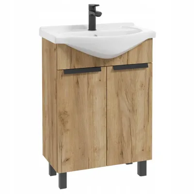 Produktbild von Stamar | Die freistehende Badezimmerschranke - Eiche Gold - mit Waschbecken - 60 cm - schwarze Metallgriffe