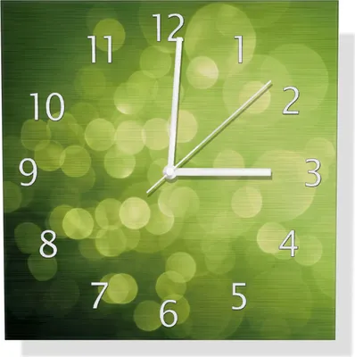 Produktbild von Wallario Design Wanduhr Abstrakte grüne Kreise  grüne Lichtpunkte aus Aluverbund, Größe 30 x 30 cm