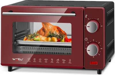 Produktbild von WOLTU Minibackofen 10 Liter, 650 Watt Toasterofen, Kleiner elektrischer Backofen, 100-230 °C, 60 Min, Ober- und Unterhitze, mit Backblech Grillrost Entnahmegriff, Rot+Schwarz