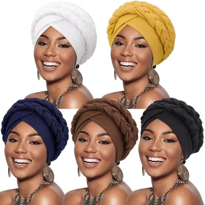 Produktbild von Damen Turban 5 Stück Geflecht Kopfbedeckung Chemo Kappe Vorgebunden Beanie Kopfwickel Schlafmütze Baumwolle Polyester Elasthan