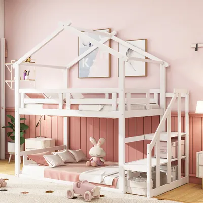 Image de Merax Lit superposé 90x200cm avec sommier à lattes et protection antichute, lit d'enfant avec escalier et toit, lit surélevé en bois massif pour adolescents maison d'enfant, blanc