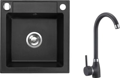 Produktbild von Klein Granitspüle mit Armatur Küchenspüle schwarz spülbecken 44x46 Einbauspüle