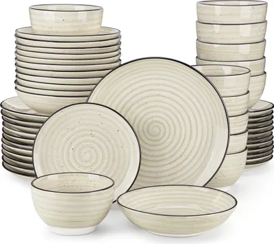 Produktbild von Vancasso 48-teilig Porzellan Kombiservice, Tafelservice mit je 12 Speiseteller, Dessertteller, Suppenteller und Müslischalen, Vintage Optik