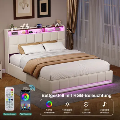 Immagine prodotto di Letto imbottito 140x190 cm con vano portaoggetti idraulico, illuminazione a LED e ricarica USB/Type-C, lino beige
