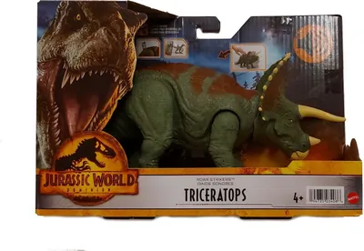 Produktbild von Jurassic World Roar Strikers Triceratops Spielfigur 33 cm – Grün-Braun, Kunststoff, mit Brüllgeräuschen, Kopfstoßbewegung, beweglichen Gelenken und AR-Funktion (DNA-Code)