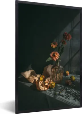 Produktbild von MuchoWow® Gerahmtes Poster Obst - Blumen - Stillleben 40x60 cm - Poster mit Schwarzem Bilderrahmen Wandposter Rahmen Foto Bilder - Papierdruck - Wandbilder