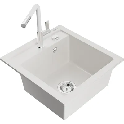 Obrázok produktu pre Mexen Vito granitový jednokomorový drez s kuchynskou batériou Flora, Biela - 6503-20-670401-02