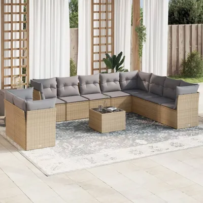 Produktbild von Design 11-tlg. Garten-Sofagarnitur mit Kissen Beige Poly Rattan, Gartenmöbel-Sets 2024