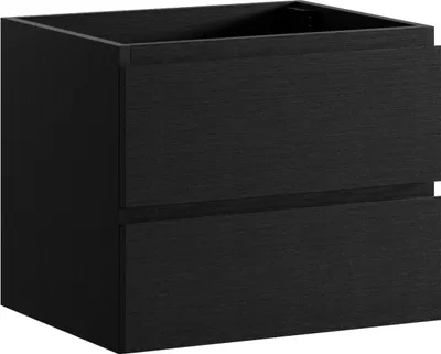 A black wooden vanity unit with two drawers against a white background.
