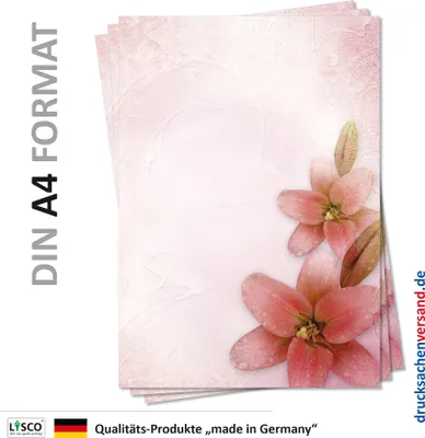 Produktbild von Motiv Briefpapier (Blumen-5099, DIN A4, 25 Blatt) rote Blumen Blüten auf rosa Muster Briefpapier