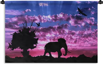 Produktbild von MuchoWow® Wandteppich Wandbehang Elefant - Vogel - Baum 150x100 cm Tapisserie Dekoration Wandtuch - Waschbar - Tapisserien - Wand-Decke