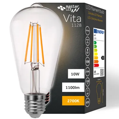 A product shot of an LED filament light bulb and its packaging.