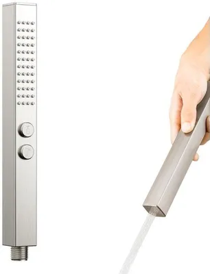 Immagine prodotto di Unyqoos®: soffione manuale a risparmio idrico con 2 getti (massaggio e pioggia), ugelli anticalcare, corpo in ottone massiccio, finitura spazzolata