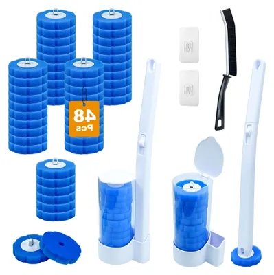 Produktbild von Einweg-Toilettenbürsten-Set, 2 Wandmontierte Klobürsten mit 48 Nachfüllpackungen und 2 Halterungen zur Reinigung von Badezimmern, Waschbecken und Badewannen