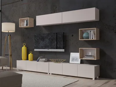 Produktbild von Wohnwand CALABRINI-31 Wohnzimmer-Set Hängewohnwand Schrankwand Schrank TV-Schrank Moderne Anbauwand (Kaschmir / Artisan Eiche)