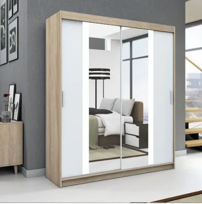 Produktbild von Schwebetürenschrank, 2-türig Schrank! Moderne Garderobe für Kleidung. Verschiedene Farben (Weiß, Schwarz, Somona) Kleiderschrank BRUNI 160 cm