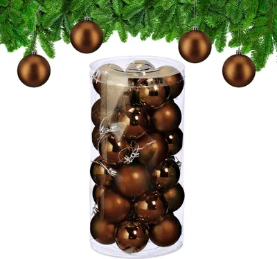 Produktbild von Relaxdays Weihnachtskugeln im 30er Set, Kunststoff, D: 6 cm, runde Weihnachtsbaumdeko, Baumschmuck bruchsicher, braun