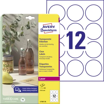 Produktbild von Avery Zweckform L7787-25 Transparente Etiketten, A4, Ø 60 mm, 25 Bogen/300 Etiketten, transparent